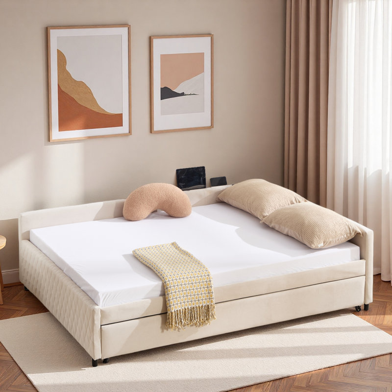 Upholstered Daybed With Trundle And Usb, Beige
