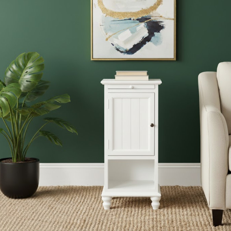 Elegant & Modern Fenstermacher End Table –White Rustic Accent with Turned Bun Feet & Storage Cabinet, White