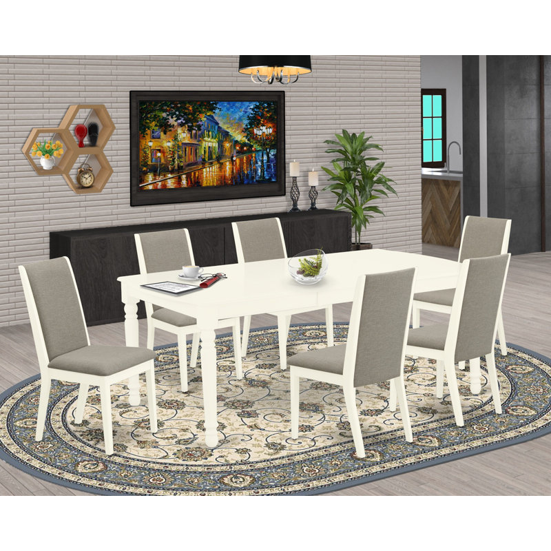 Ensemble de salle à manger 7 pièces composé d'une table de salle à manger rectangulaire avec feuille papillon et 6 chaises rembourrées en tissu Shitake, lin blanc