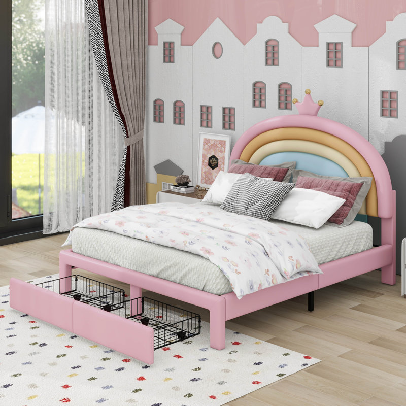 Lit tapissier arc-en-ciel, lit plateforme en velours avec tiroir, Full