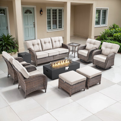 9-Piece Outdoor Garden Family Party Conversation Set With Fire Pit Table And Swivel Chairs