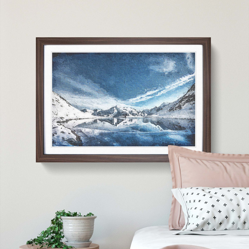 Winter Mountain Reflection - Picture Frame Painting Print, 36cm H x 48cm W x 2cm D, Walnut Framed
