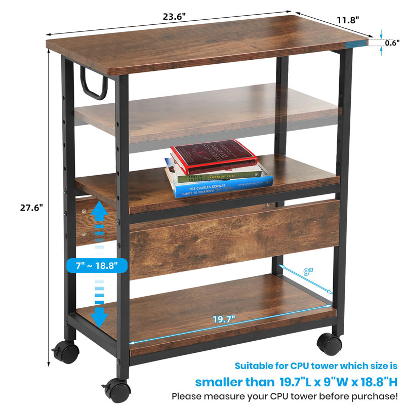 Rustic Brown Cpu Stand - Adjustable 3-Tier Storage For Home Office - Mobile Design