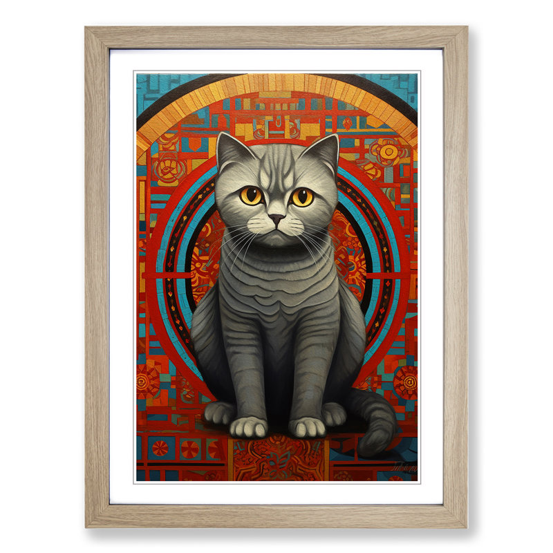 Cat Deco - Single Picture Frame Print on Wood, Oak Framed, 46cm H x 34cm W x 2cm D
