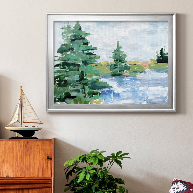 «Evergreen Lake I», peinture sur toile encadrée, Cadre argenté, H 30,5 po x l 42,5 po x P 1 po