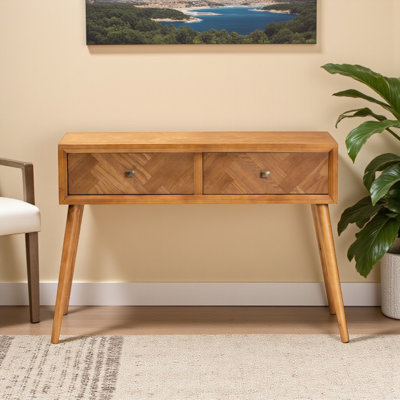 Console Mid-Century moderne à 2 tiroirs en bois au fini brun naturel Abel
