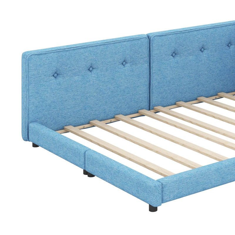 Lit plateforme tapissier avec ports USB, Lit double, Bleu