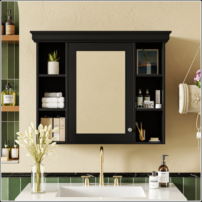 Armoire de rangement murale 35 po x 28 po avec porte miroir, armoire à pharmacie moderne et durable avec 6 tablettes ouvertes et rangement réglable