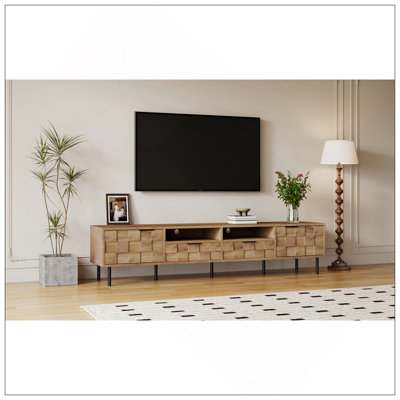 Meuble télé Mid-Century avec 2 tiroirs, console multimédia pour téléviseur de 85 po ou moins, centre de divertissement avec rangement pour le salon, la chambre à coucher et le cinéma maison