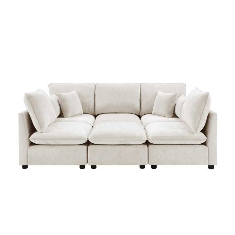 Canapé modulaire de 238 cm avec accoudoirs de rangement, port USB et pouf amovible, Chenille beige