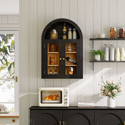 Armoire murale de salle de bain avec portes en verre, armoire à pharmacie en bois avec tablette réglable, armoire suspendue arquée pour salle de bain, salon, noir