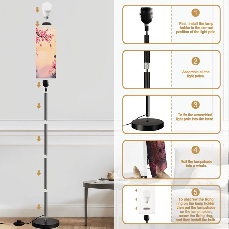Lampe sur pied avec branches d'arbre de cerisier, architecture traditionnelle asiatique, lampe sur pied moderne à intensité variable avec télécommande, pédale, abat-jour, abat-jour haut, lampe de coin pour le salon, la chambre et le bureau