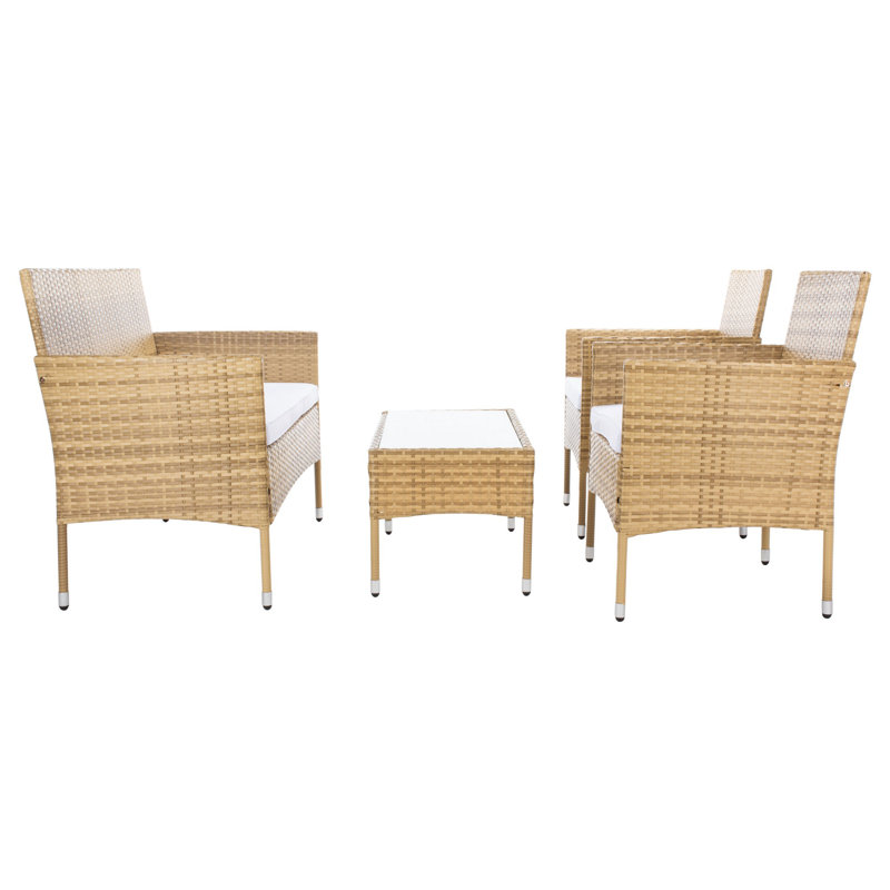Wood Wicker 4 - Person Patio Conversation Set with Cushions, Natural Frame/White Cushion