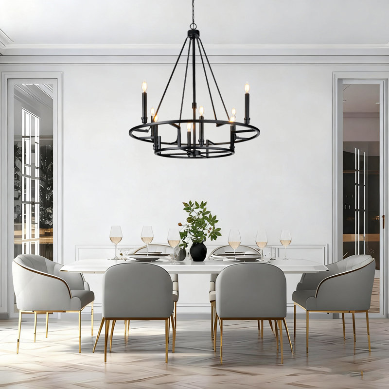 8 Light 2 Tier Dimmable Black Wagon Wheel Chandelier - Medium 