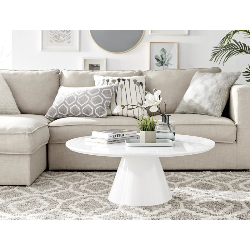 Palm Luxury Pedestal Round Coffee Table, White Gloss Top/White Base