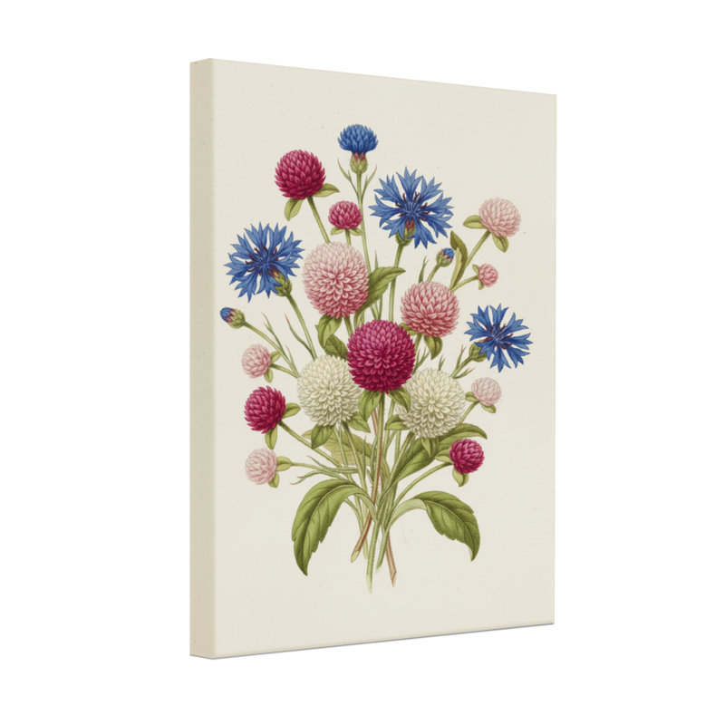 Bouquet de plantes et de fleurs avec des fleurs roses, bleues et blanches, H 18 po x l 12 po