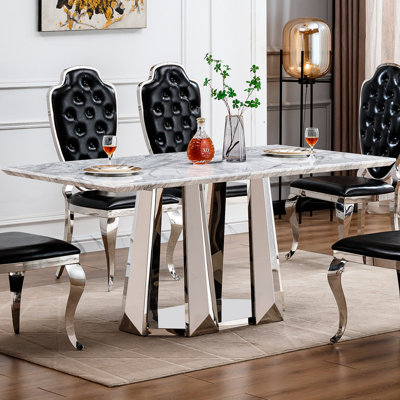 70'' Faux Marble Table With Stainless Steel Base, Ideal For Family Dinners And Gatherings In Living Room  silver, Grey Grain Frame, 6 People Gathering Dining