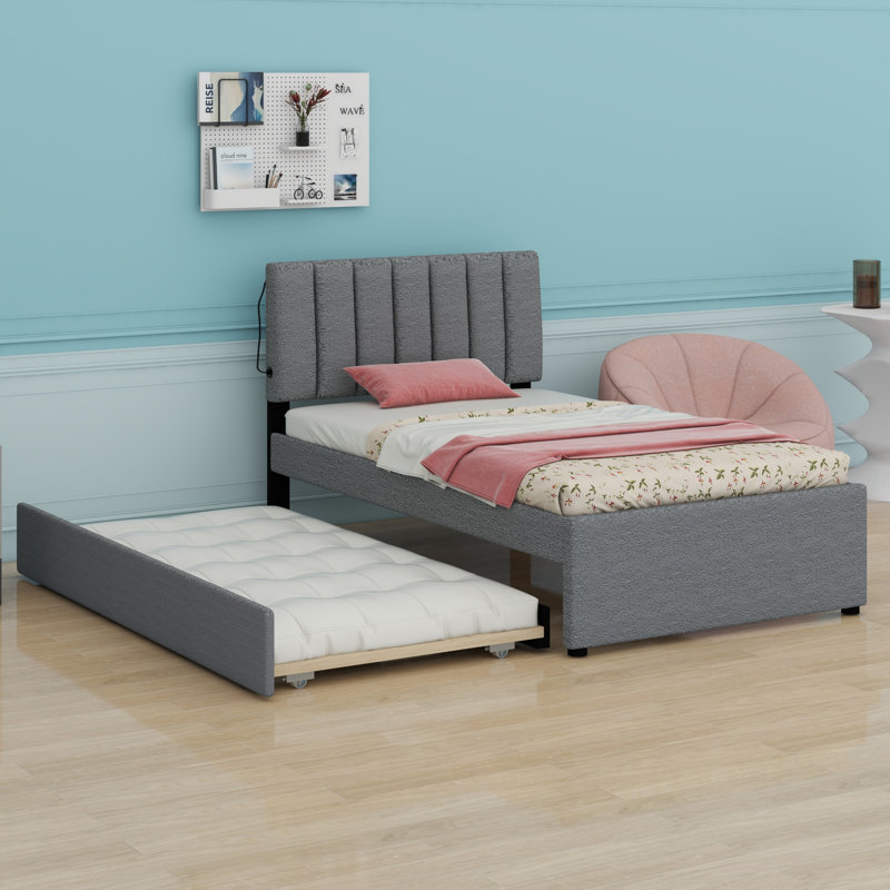 Lit plateforme tapissier avec lit gigogne, Gris