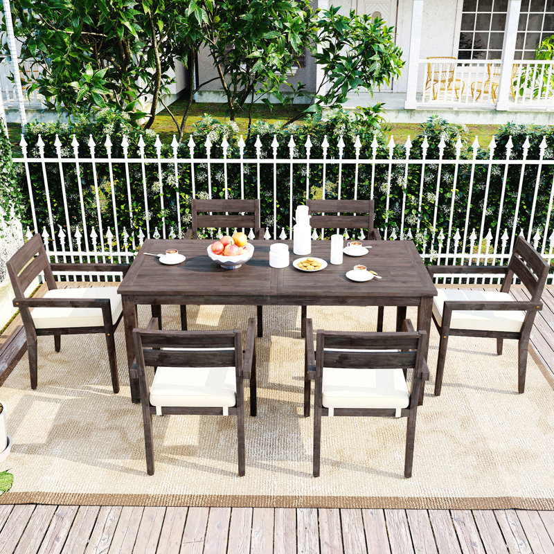 7 Pieces Acacia Wood Outdoor Dining Set With Cushions Modern 6 Chairs And 1 Large Table Dining Furniture Set For Lawn Backyard Garden Deck Poolside