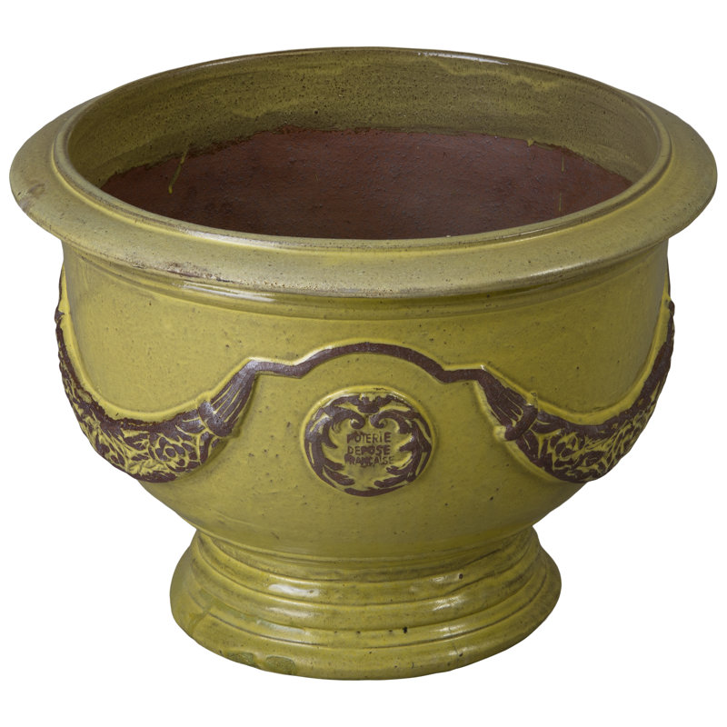 Anduze French Yellow Ceramic Round Planter with Drainage Hole, 20" H x 27" W x 27" D