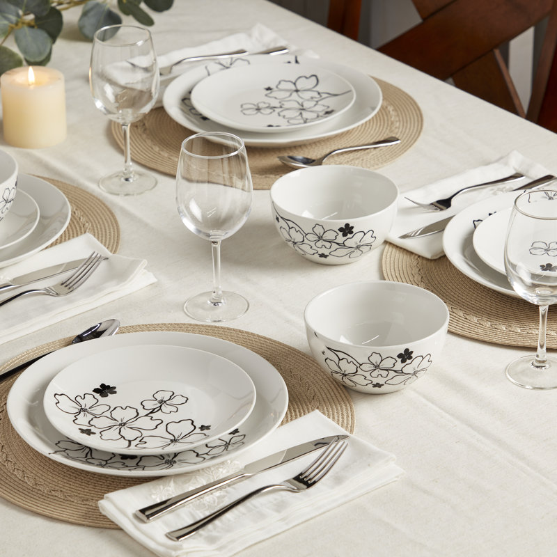 Margo White and Black Floral Porcelain 12-Piece Dinnerware Set