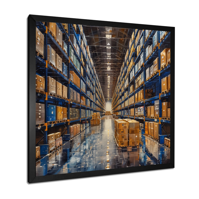 «Blue Warehouse», H 16 po x l 16 po, Cadre simple noir, bois massif