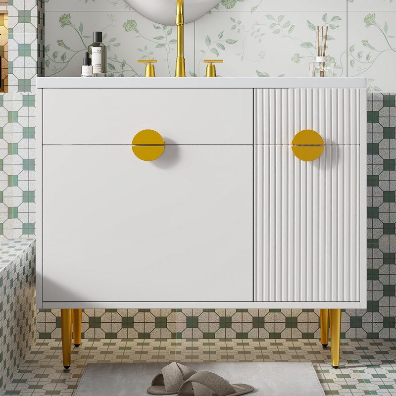 Meuble-lavabo de salle de bain avec lavabo en résine de 30 po, rangement spacieux, porte, robinet compatible de 8 po, armoire de lavabo moderne de 36 po, grand abattant, compartiment,