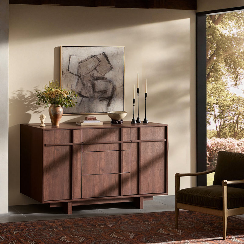Buffet avec rangement, grand buffet de 47,2 po avec 2 portes et 3 tiroirs, crédence moderne de style Mid-Century avec squelette et grain de bois pour le salon, la cuisine et l'entrée, noyer