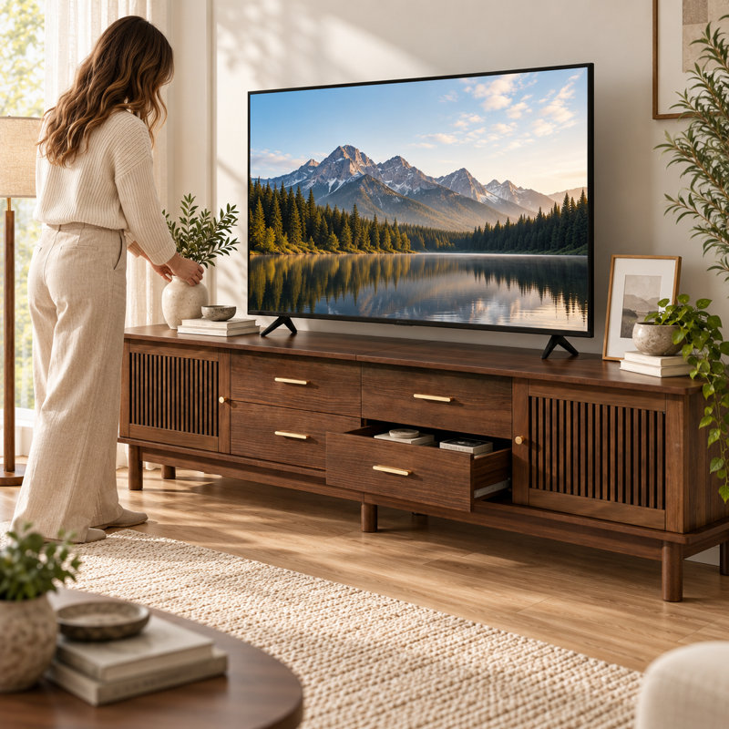 Meuble télé Panora de 78 po pour téléviseur de 85 po, centre de divertissement avec 4 tiroirs et gestion des câbles