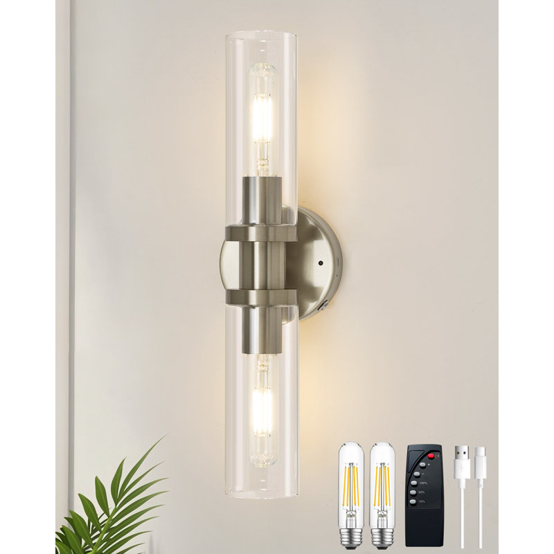 16.5" Rechargeable Dimmable Wall Sconce with Remote & Bulbs, Brushed Nickel