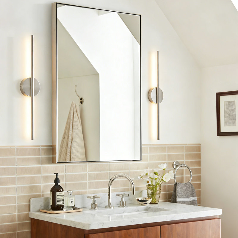 Brynie Iron Metal LED Hardwired Semi Flush Mounted Sconce, Nickel, 23.6" H x 4.3" W x 1.77" D