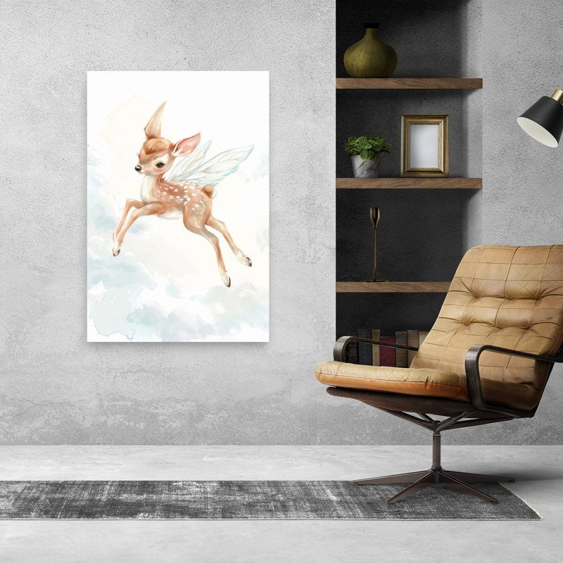 Whimsical Flying Fawn Ethereal Whimsical Abstract Deer Landscape Nature Wall Art Print by Mathieu - Wrapped Canvas Print