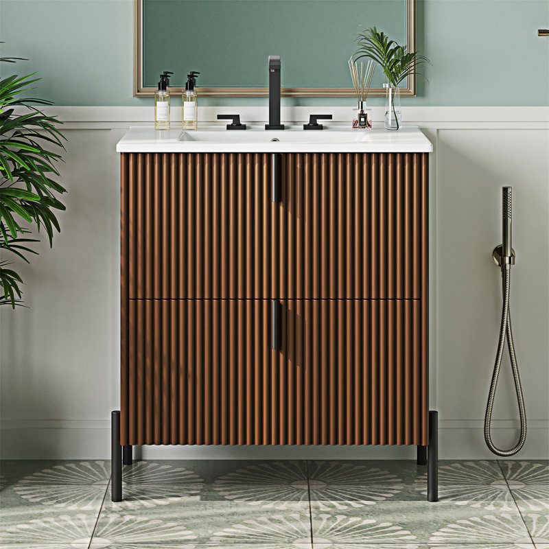 Meuble-lavabo autoportant avec lavabo en céramique, Marron foncé