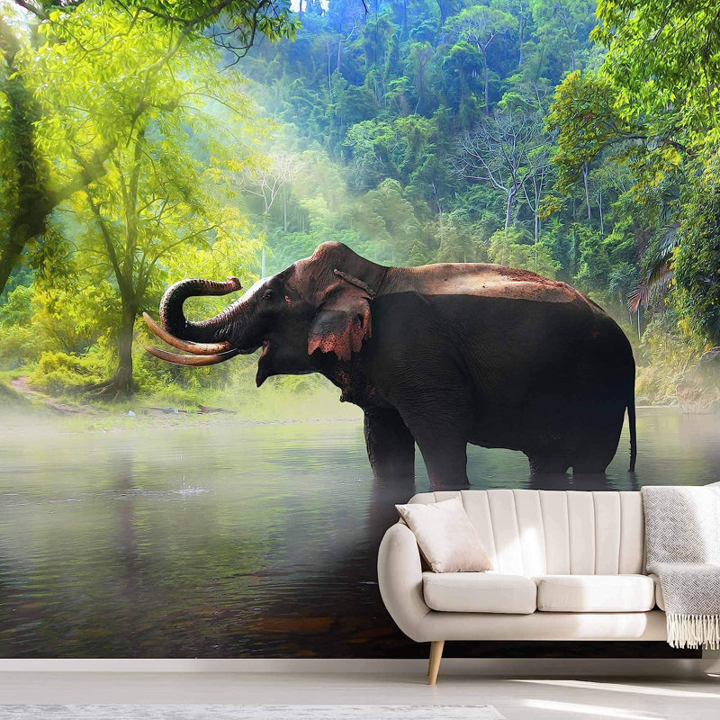 Éléphant dans l'eau, peinture murale, L 66 po x l 96 po