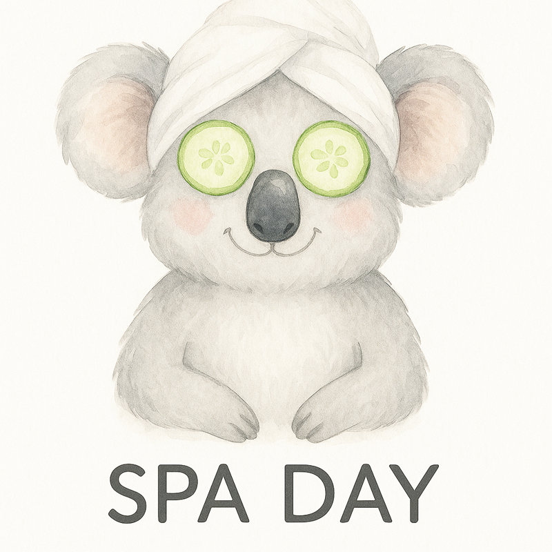 «Spa Day - Relaxant koala avec yeux de concombre», art mural, H 12 po x l 12 po