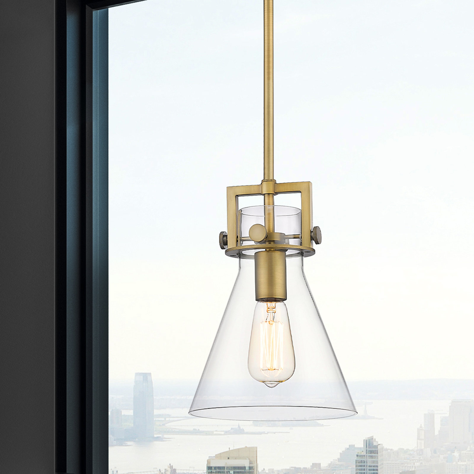 Coterie Single Light Glass Dimmable Pendant, Brushed Brass, Clear, 11.38" H x 8" W x 8" D