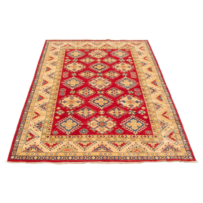 Tapis rouge en laine noué à la main de conception unique 6 pi 7 po x 9 pi 10 po New Age