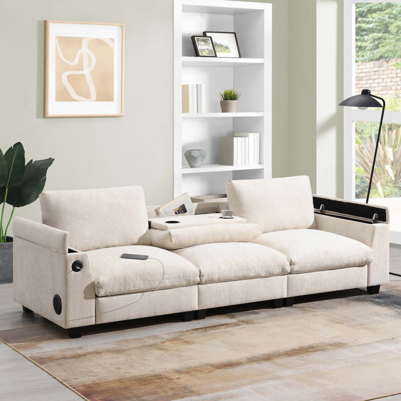 Canapé modulaire en chenille avec haut-parleur Bluetooth, porte-gobelets, chargeur USB, Beige