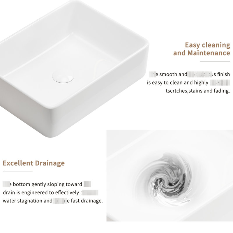 Lavabo vasque de salle de bain rectangulaire en céramique blanc sur comptoir, 19 pouces, conception gracieuse et généreuse, facile à nettoyer, protection en mousse moulée, aspect élégant,