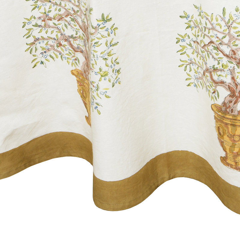 Dyess Handmade Floral Tablecloth, 90" Round, Gold-Blue
