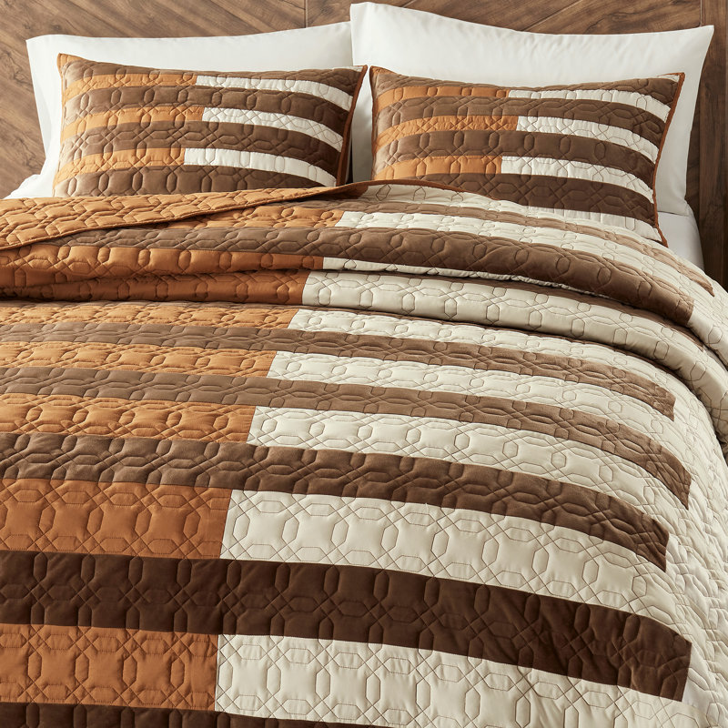 Wonderful Patchwork Striped Microfiber Quilt Set, Brown, Queen Quilt + 2 Standard Shams