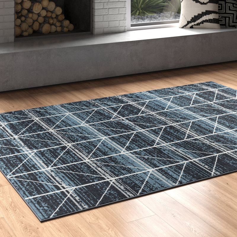 Tapis bleu marine / noir / blanc lavable à la machine Dunnellon, Rectangle 5 pi 2 po x 7 pi 2 po