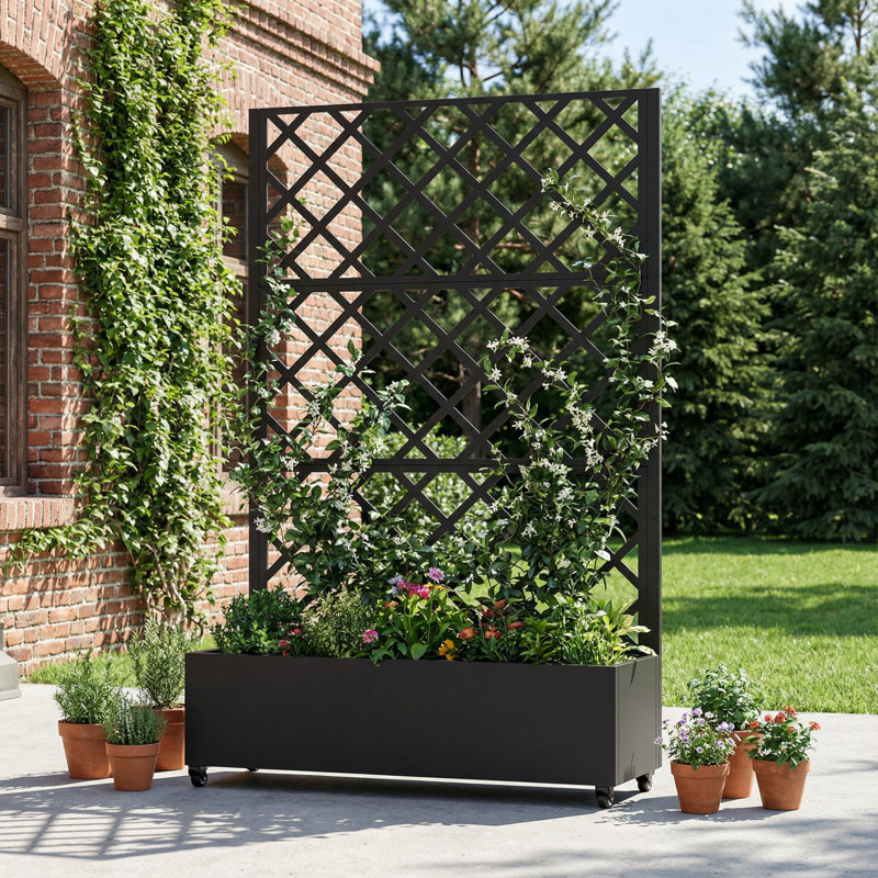 Boîte à fleurs en métal avec treillis et roues H 73 po x l 35 po, Noir, H 73 po x l 47 po x P 16 po