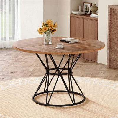 Table de salle à manger ronde industrielle avec plateau en panneau de fibres à densité moyenne à grain de bois de noyer et base en sablier (47,3 po, sièges 4-6)