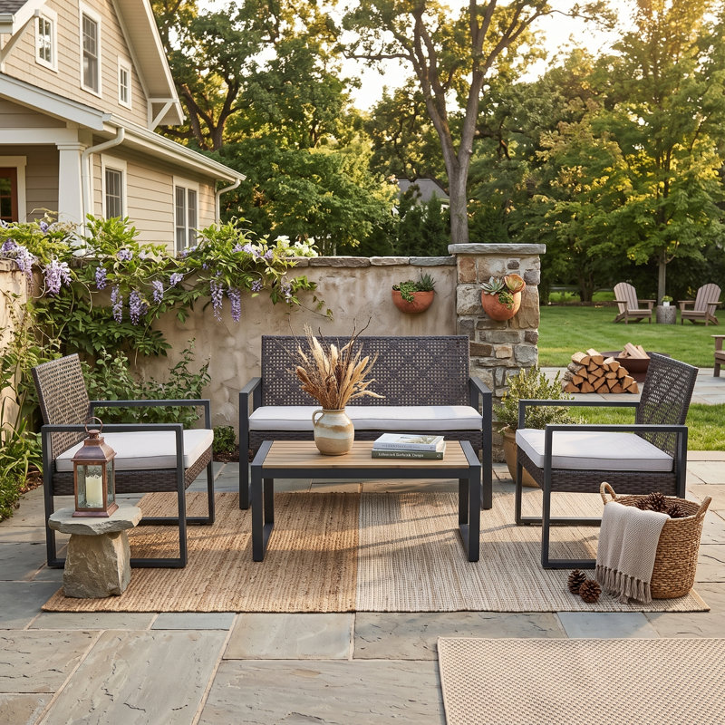 Ensemble de meubles de patio 4 pièces en bois d'acacia avec structure en acier, beige / brun, Beige
