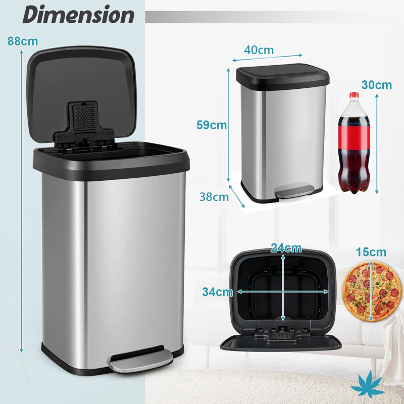 Stainless Steel Step On Kitchen Trash Can - 50L, Silver