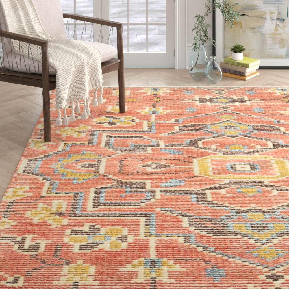 Reese Red Gold Hand-Knotted Cotton Floral Rug, Rectangle 8' x 10'