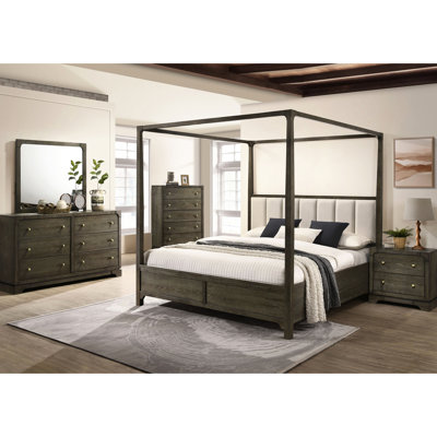 Dark Queen Canopy Bedroom With Transitional Design And Quality Craftsmanship Finish, Boucle Fabric Upholstery Modern Appeal