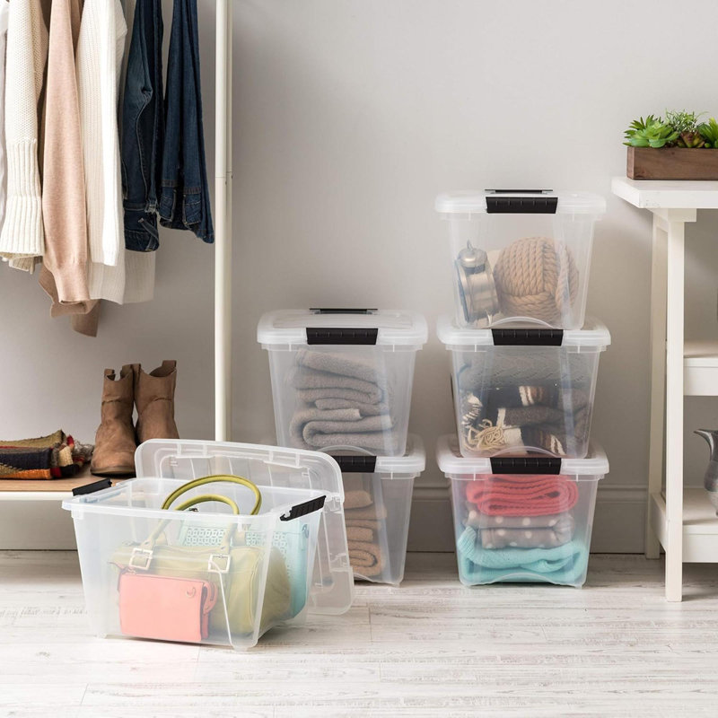 Bacs de rangement empilables en plastique de 19 pte USA avec couvercles, paquet de 6 - sans BPA, - solution d'organisation transparente, loquets, contenants emboîtables durables, poignée à tirer sécurisée - transparent
