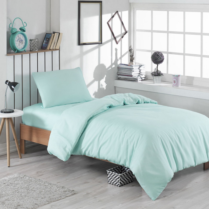 Ensemble de housse de couette en mélange de coton Burgener, Housse de couette simple + 1 taie d'oreiller 31 po, Menthe foncée